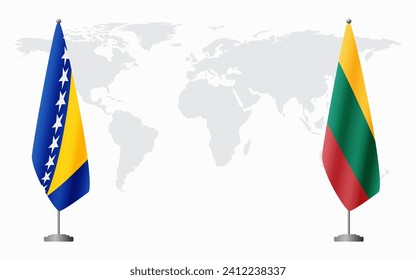 Bosnia and Herzegovina and Lithuania flags for official meeting against background of world map.