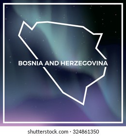 Bosnia and Herzegovina map against the backdrop of polar lights on the starry sky. Aurora borealis abstract vector background. EPS10 contains transparency, mesh gradients used.