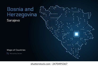 Bosnia and Herzegovina Map with a capital of Sarajevo. Republika Srpska. Shown in a Microchip Pattern with processor. E-government. World Countries vector maps. Microchip Series	