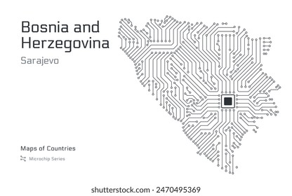 Bosnia and Herzegovina Map with a capital of Sarajevo. Republika Srpska. Shown in a Microchip Pattern with processor. E-government. World Countries vector maps. Microchip Series	