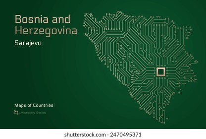 Bosnia and Herzegovina Map with a capital of Sarajevo. Republika Srpska. Shown in a Microchip Pattern with processor. E-government. World Countries vector maps. Microchip Series	