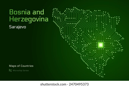 Bosnia and Herzegovina Map with a capital of Sarajevo. Republika Srpska. Shown in a Microchip Pattern with processor. E-government. World Countries vector maps. Microchip Series	