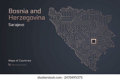 Bosnia and Herzegovina Map with a capital of Sarajevo. Republika Srpska. Shown in a Microchip Pattern with processor. E-government. World Countries vector maps. Microchip Series	