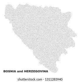 Bosnia and Herzegovina map designed with tiny dots. Vector abstraction in black color is isolated on a white background. Scattered tiny items are organized into Bosnia and Herzegovina map.