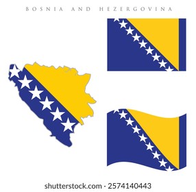 Bosnia and Herzegovina map with flag embeded inside with 2 Bosnia and Herzegovina flags wavy flag and rectangular flag vector illustration