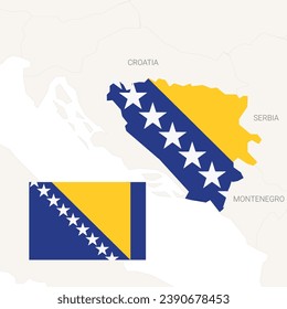 Bosnia and Herzegovina map and flag on gray background vector, Bosnia and Herzegovina Map Outline Shape Gray on White Vector Illustration