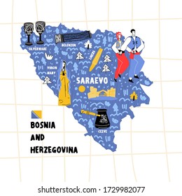 Bosnia and Herzegovina map flat hand drawn vector illustration flag. Names lettering and cartoon landmarks, tourist attractions cliparts. Sarajevo travel, trip comic infographic poster