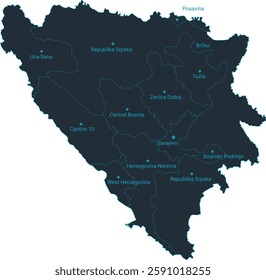 Bosnia and Herzegovina map high detailed with administrative divide by state, capital cities names, outline simplicity style. Vector illustration EPS10.