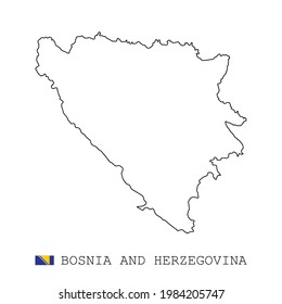 Bosnia and Herzegovina map line, linear thin vector simple outline e and flag. Black on white background