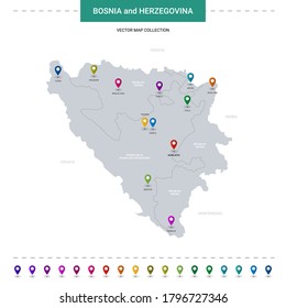  Bosnia and Herzegovina map with location pointer marks. Infographic vector template, isolated on white background. 