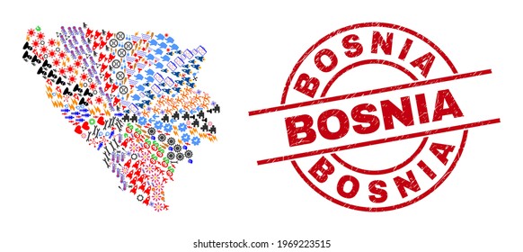 Bosnia and Herzegovina map mosaic and dirty Bosnia red circle badge. Bosnia stamp uses vector lines and arcs. Bosnia and Herzegovina map mosaic contains gears, houses, lamps, suns, wine glasses,