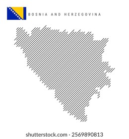 Bosnia and Herzegovina map from pattern of black slanted parallel lines. Bosnian map with gray diagonal lines. Silhouette of a country made of oblique hatching. Vector illustration isolated on white.