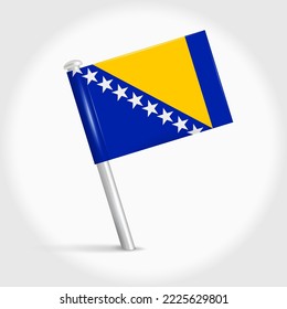 Bosnia and Herzegovina map pin flag icon. Bosnian pennant map marker on a metal needle. 3D realistic vector illustration.