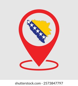 Bosnia and Herzegovina map with a red location  map pin icon, featuring the map of Bosnia and Herzegovina in an isolated design. Perfect for business, travel, and location-based projects.