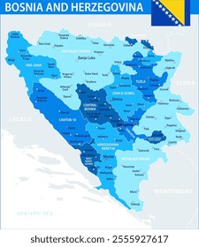 Bosnia and Herzegovina Map Vector Blue Spot - Customizable layered political map of Bosnia and Herzegovina with administrative divisions for website, education, reports, news, politics, print