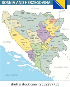 Bosnia and Herzegovina Map Vector New 2024 Colorful - Customizable layered political map of Bosnia and Herzegovina with administrative divisions for website, education, reports, news, politics, print