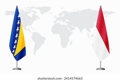 Bosnia and Herzegovina and Monaco flags for official meeting against background of world map.