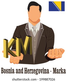Bosnia and Herzegovina national currency mark symbol representing money and Flag. Vector design concept of businessman in suit with open hand over with currency isolated on white background in EPS10.