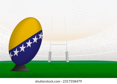 Bosnia and Herzegovina national team rugby ball on rugby stadium and goal posts, preparing for a penalty or free kick. Vector illustration.