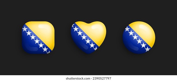 Bosnien und Herzegowina Offizielle nationale Flagge 3D-Vektorgrafik-Symbole in abgerundeten Quadrat-, Herz-und Kreislauf-Form isoliert auf Schwarz. Volumetrische Buttons-Kollektion für Zeichenelemente und Symbole für Grafikdesign