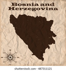 Bosnia and Herzegovina old map with grunge and crumpled paper. Vector illustration