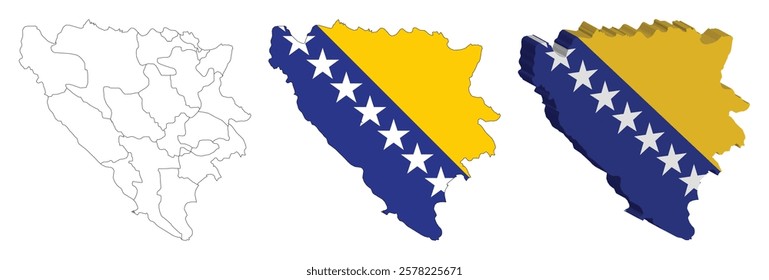 Bosnia and herzegovina outline, fill with flag and 3d map