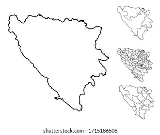 Bosnia and Herzegovina outline map vector with administrative borders, regions, municipalities, departments in black white colors