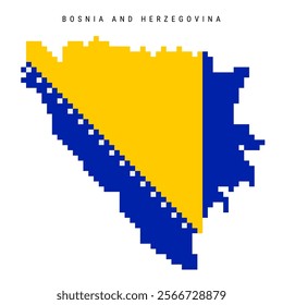 Bosnia and Herzegovina pixel flag map icon. 8 bit pixel art Bosnian map covered with flag. Flat vector illustration isolated on white background.