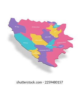 Bosnia and Herzegovina political map of administrative divisions - cantons of Federation of Bosnia and Herzegovina and Republika Srpska. 3D colorful vector map with name labels.