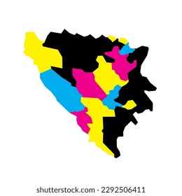 Bosnia and Herzegovina political map of administrative divisions - cantons of Federation of Bosnia and Herzegovina and Republika Srpska. Blank vector map in CMYK colors.
