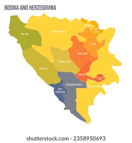 Mapa político de las divisiones administrativas de Bosnia y Herzegovina - cantones de la Federación de Bosnia y Herzegovina y la República Srpska. Mapa político de colorido espectro con etiquetas y nombre de país.