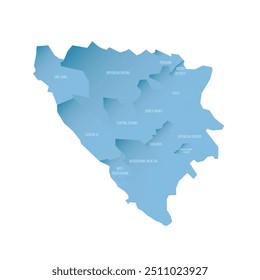 Mapa político de las divisiones administrativas de Bosnia y Herzegovina - cantones de la Federación de Bosnia y Herzegovina y la República Srpska. Mapa de Vector sombreado con degradado azul en 3D y etiquetas de nombre