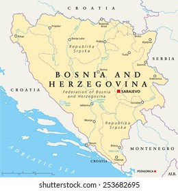 Bosnia and Herzegovina Political Map with capital Sarajevo, national borders, important cities, rivers and lakes. English labeling and scaling. Illustration.