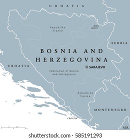 Bosnia and Herzegovina political map with capital Sarajevo. Country in Southeastern Europe located on the Balkan Peninsula. Gray illustration with English labeling on white background. Vector.