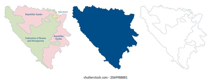 Mapa político de Bosnia y Herzegovina. Esbozo vectorial detallado, silueta azul y divisiones administrativas. Federación de Bosnia y Herzegovina. República Srpska. Distrito de Brčko. Vector 