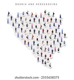 Bosnia and Herzegovina population map. Large group of realistic a diverse crowd of people figures in a shape of Bosnian map. Flat vector illustration isolated on white.