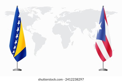 Bosnia and Herzegovina and Puerto Rico flags for official meeting against background of world map.
