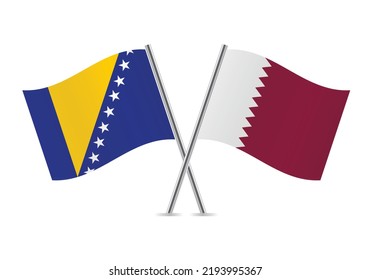 Bosnia and Herzegovina and Qatar crossed flags. Bosnian Herzegovinian and Qatari flags on white background. Vector icon set. Vector illustration.