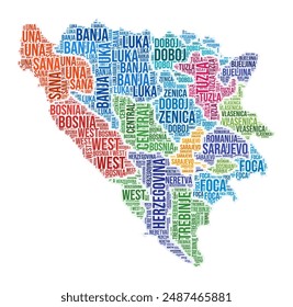 Bosnia and Herzegovina region word cloud. Country shape design. Bosnia and Herzegovina colored illustration. Region names collage cloud. Vector illustration.