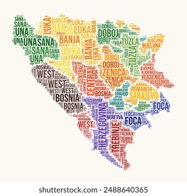 Bosnia and Herzegovina regions word cloud. Country logo design. Regions typography style vector image. Bosnia and Herzegovina colored text cloud. Elegant vector illustration.