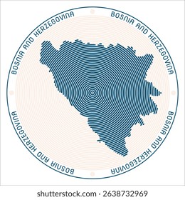 Bosnia and Herzegovina round logo design. Country shape built of rings. Bosnia and Herzegovina text around the country. Vector Illustration.