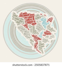 Bosnia and Herzegovina Round Poster. Typography style image of Country. Regions word clouds of Bosnia and Herzegovina. Vintage image design with scratch texture.