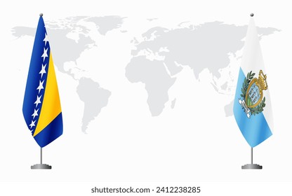 Bosnia and Herzegovina and San Marino flags for official meeting against background of world map.