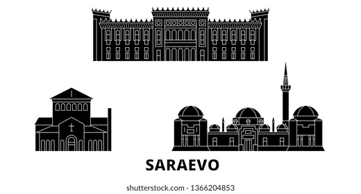 Bosnia And Herzegovina, Saraevo flat travel skyline set. Bosnia And Herzegovina, Saraevo black city vector illustration, symbol, travel sights, landmarks.