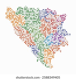 Bosnia and Herzegovina, shape of the country build of colored cells. Digital style map of the Bosnia and Herzegovina on white background. Small size rounded square blocks. Plain vector illustration.