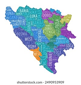 Bosnia and Herzegovina shape. Country word cloud with region division. Bosnia and Herzegovina colored illustration. Region names cloud. Vector illustration.