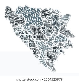 Bosnia and Herzegovina shape text cloud. Country border with shadow on white background. Bosnia and Herzegovina with regions division in vintage gazette style. Vibrant vector illustration.