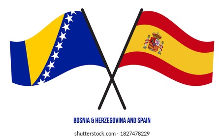 Bosnia & Herzegovina and Spain Flags Crossed And Waving Flat Style. Official Proportion Colors.