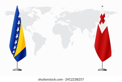 Banderas de Bosnia y Herzegovina y Tonga para una reunión oficial en el contexto del mapa mundial.