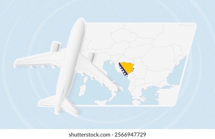 Bosnia and Herzegovina Travel Illustration with Plane and National Flag. Ideal for travel agencies, promotional materials, or geographic content related to Bosnia and Herzegovina.